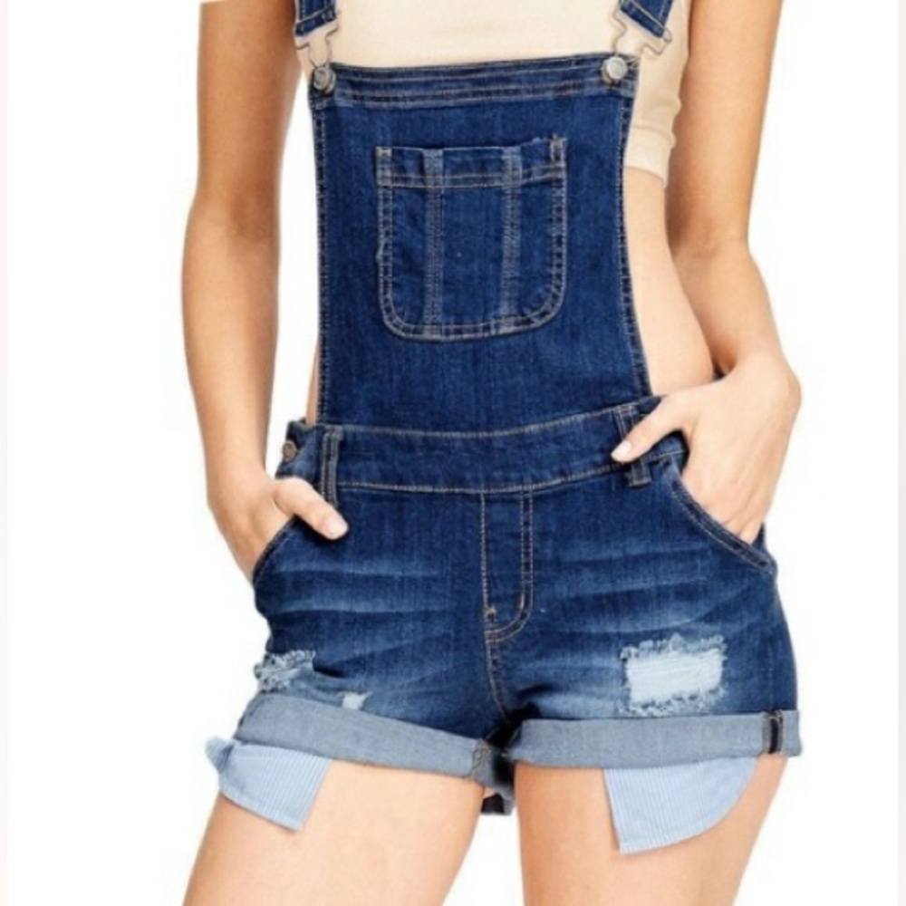 Basic Denim WAX JEAN Distressed Overalls Bibs Shorts ~ Size  L~ Blue stretchy.